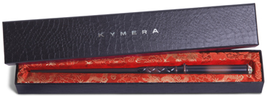 Kymera Wand in Silk Lined Box at angle with lizard skin lid